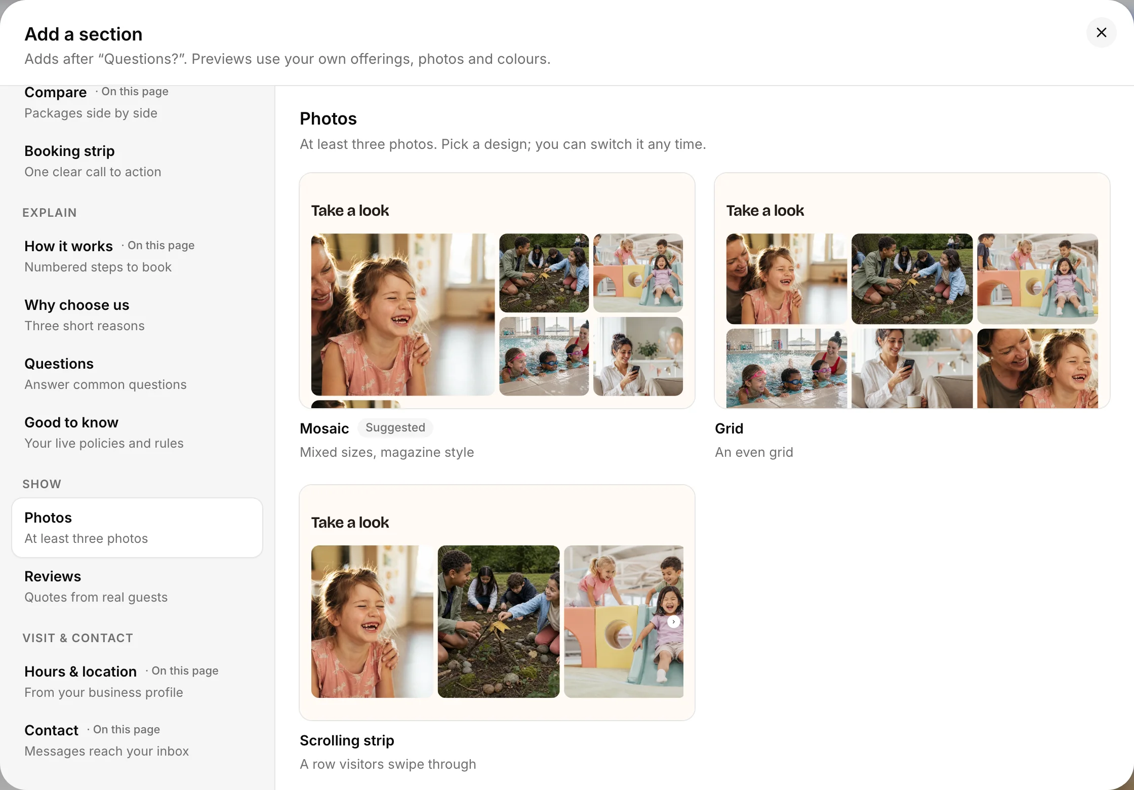 Upward's Add a section window: the section types on the left, and the Photos section's three designs, Mosaic, Grid and Scrolling strip, previewed with the business's own photos