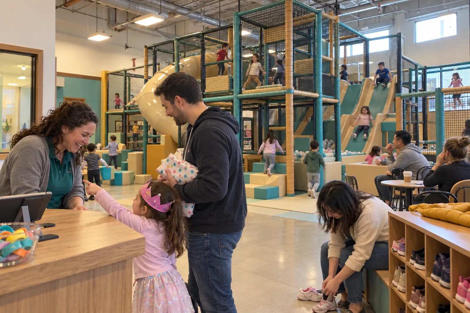 At the front desk the owner laughs with a birthday girl in a paper crown and her dad, while families play on the climbing frame behind