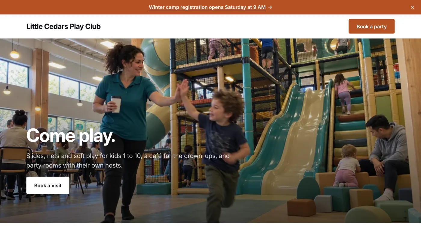 Little Cedars Play Club’s website: a bold orange site that opens on “Come play.”