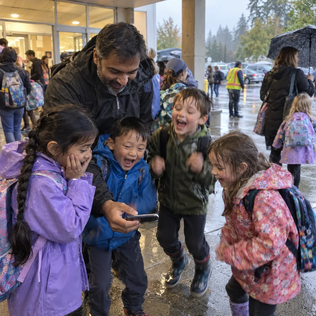Kindergarten friends crowd around a dad’s phone at school pickup, delighted by the invitation