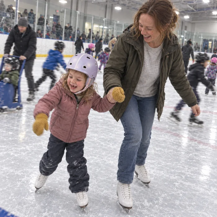 Mila holding her mum’s hand at a family skate, in her new lilac helmet and knitted mittens