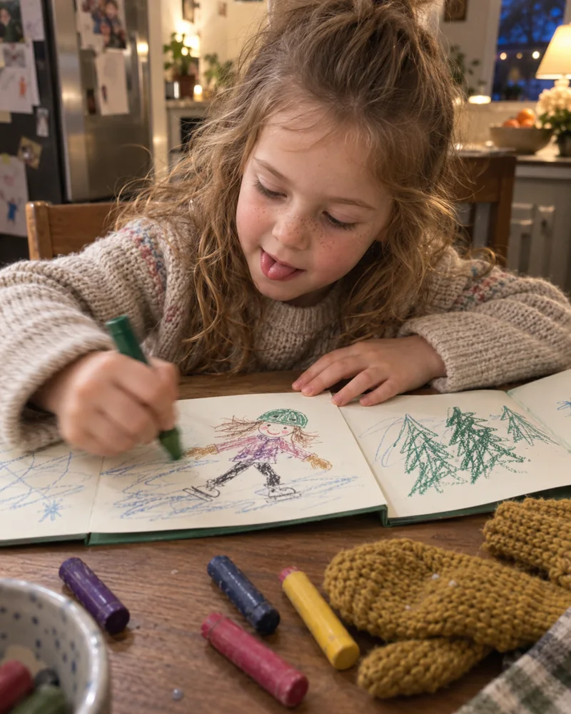 That evening, Mila concentrates on drawing herself skating in her accordion sketchbook