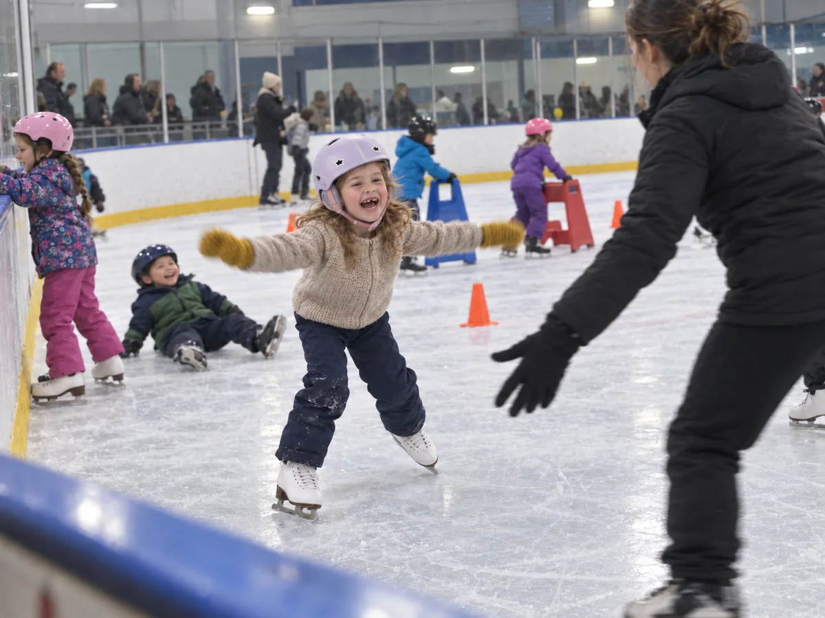 Mila at her first skating lesson in January, arms out on the ice in her new skates, helmet and knitted mittens, with other children learning around her